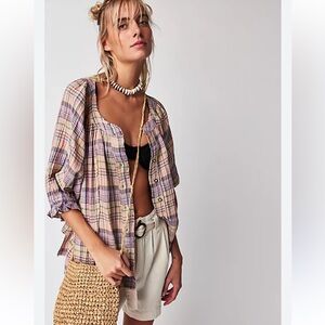 FREE PEOPLE We The Free Lucy Plaid Swing Button-Up Shirt